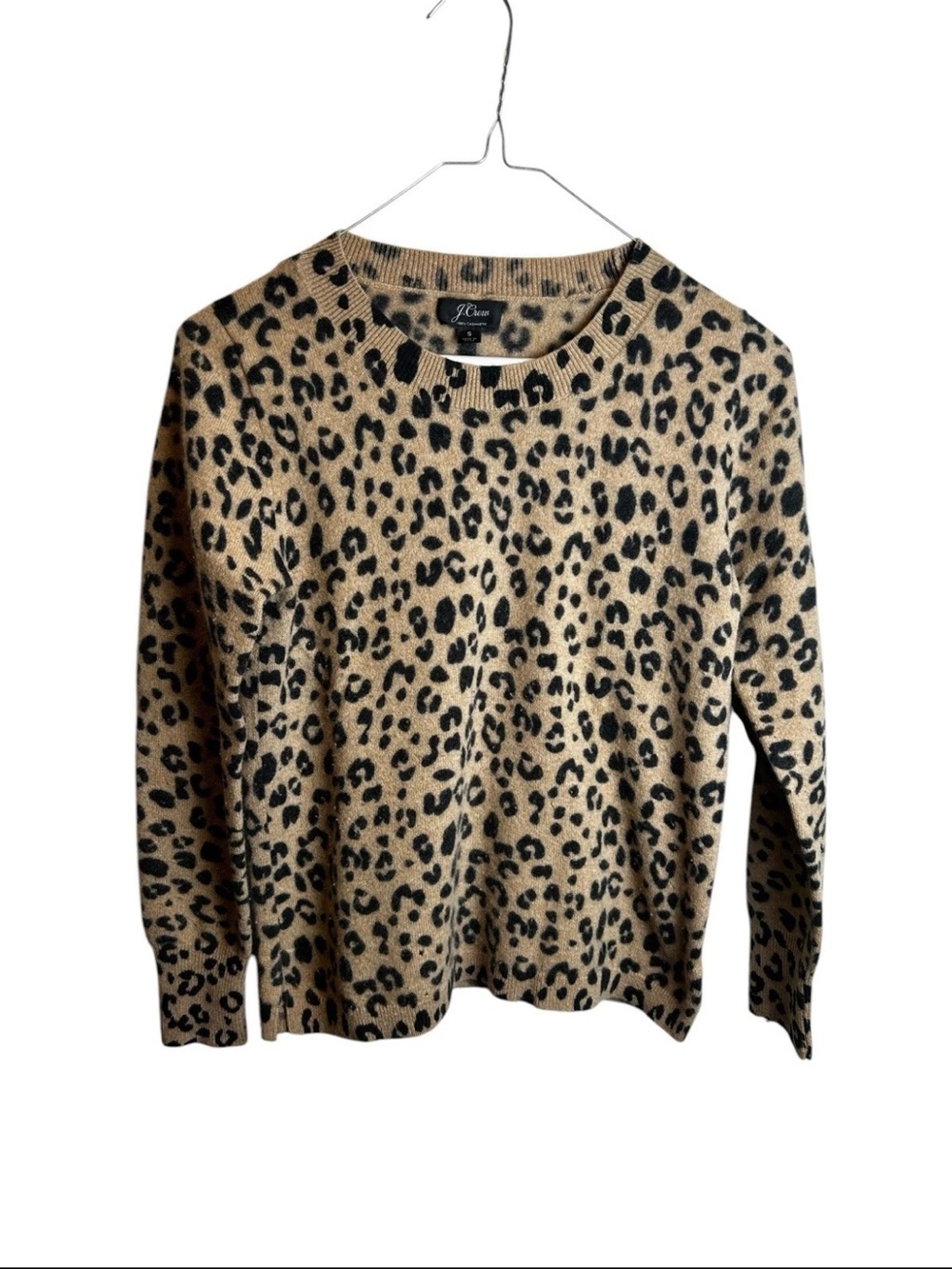 J Crew 100% Cashmere Leopard Print Crewneck Sweater FITS LIKE XS